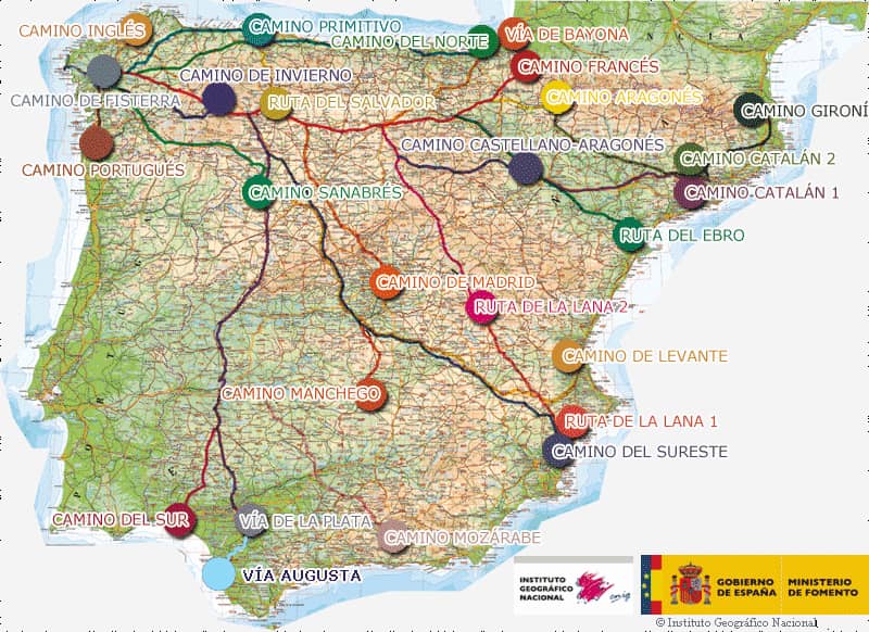 Mapa da Espanha com os principais Caminho de Santiago de Compostela
