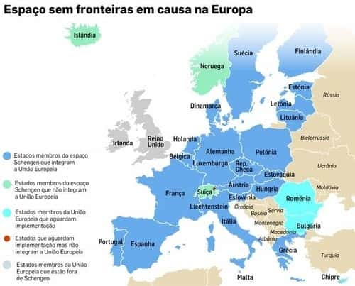 Mapa mostrando o Espaço Schengen