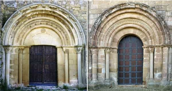 Pórticos gêmeos, da Igreja de São Miguel, em Olcoz, e da Ermita de Santa Maria de Eunate, nesta ordem.