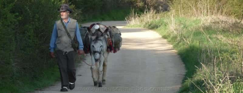 Peregrino acompanhado de um burro. Figura não tão rara no Caminho de Santiago.