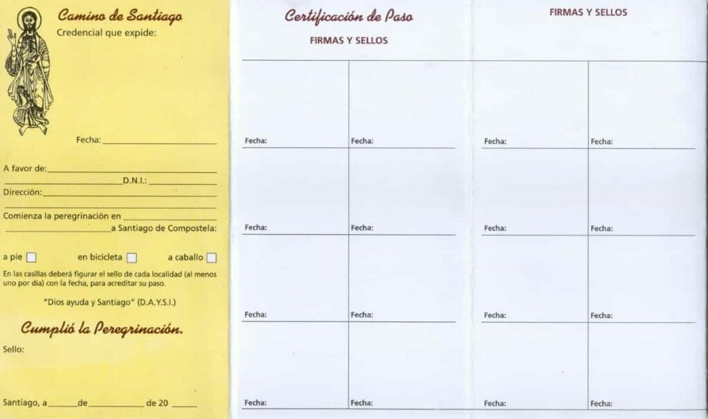 Foto da parte interna da credencial do peregrino do Caminho de Santiago de Compostela. Na primeira parte tem a identificação do peregrino, nas demais partes, espaços para os carimbos e datas.